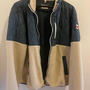 Men's Marine Layer Archive Two-Tone Navy and Cream Sherpa Zip Jacket Size L
